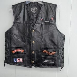 Diamond Plate Buffalo Leather Retro Black Biker Patch‎ Motorcycle Vest Mens Sz L